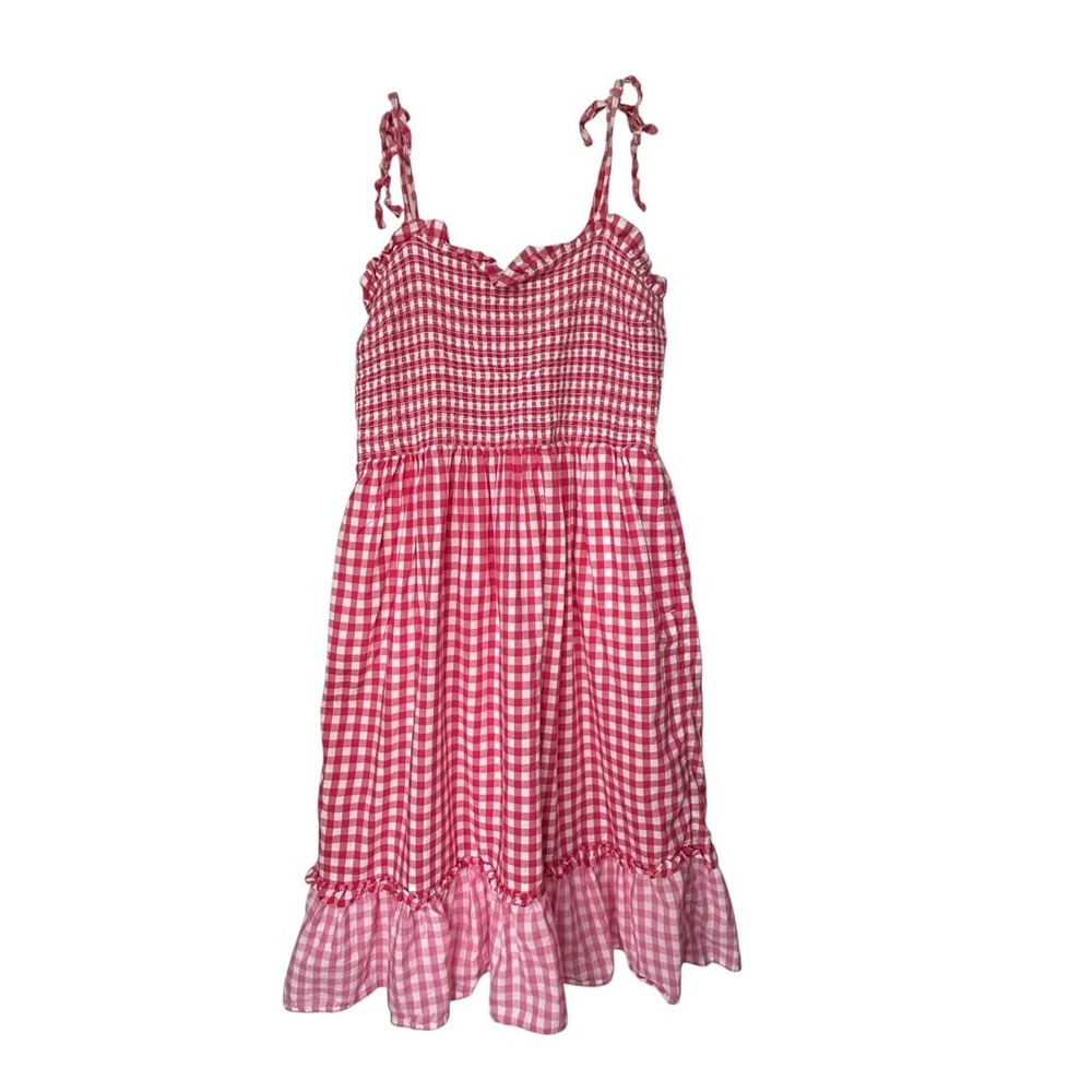 Draper James Dress Womens Medium Pink Gingham Smocked Sundress‎ Tie Strap Ruffle